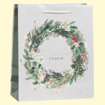 Пакет подарочный бумажный "Новогодний венок", вертикальный, ламинированный, 23 × 27 × 8 см