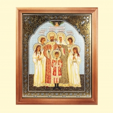 Ikona Carskaya sem'ya, derevyannaya rama, dvojnoe tisnenie, pod steklom, 11 x 13 sm