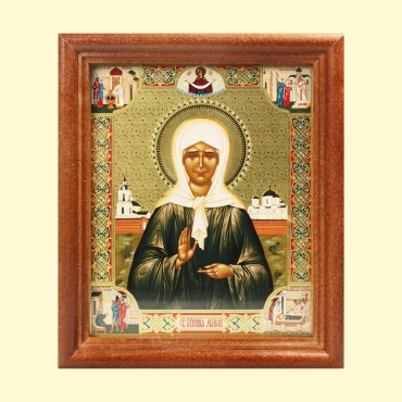 Ikona "Blazhennaya Matrona", derevyannaya rama, dvojnoe tisnenie, pod steklom, 11 x 13 sm
