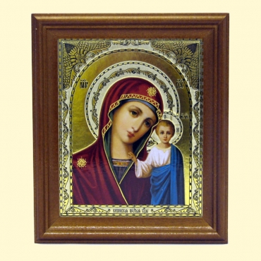 Ikona "Kazanskaya", v derevyannom obramlenii, dvojnoj tisneniem, 11x13 sm